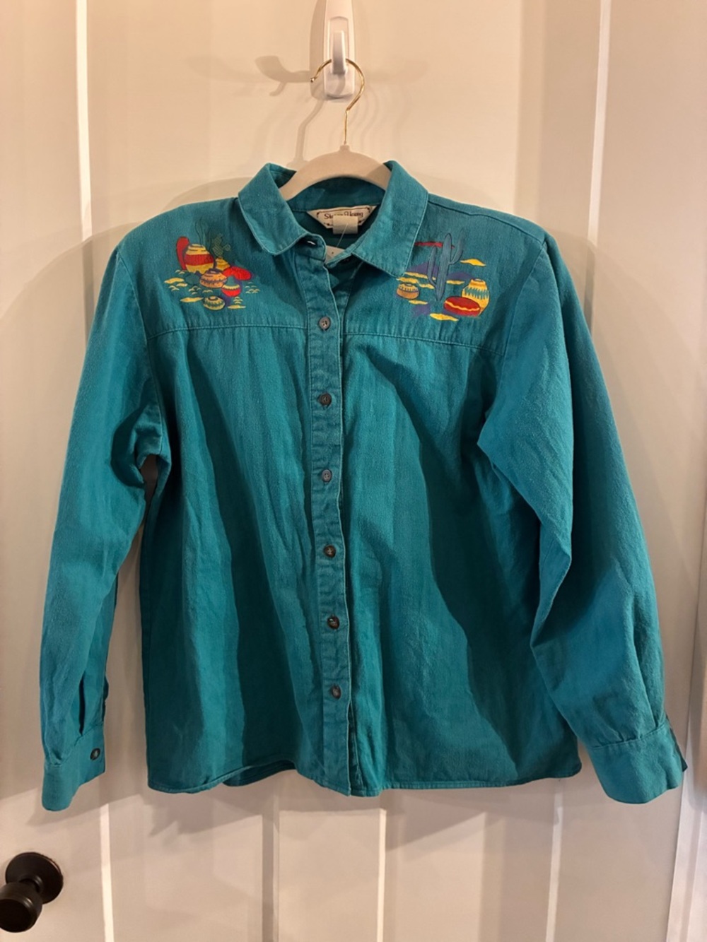 Western Teal Button-Up Shirt with Embroidery